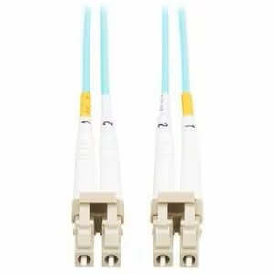 Tripp Lite 10Gb Duplex Multimode Fiber Patch Cable with LC connectors in Aqua, 1 meter long, suitable for high-speed data transfer.