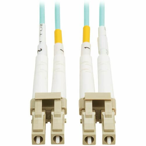 Tripp Lite 10Gb/40Gb/100Gb OM4 fiber patch cable with LC connectors, 2M length, aqua color, for high-speed data transmission.